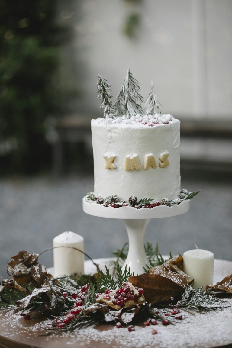 Delicious xmas dessert with chocolate glaze and berries
