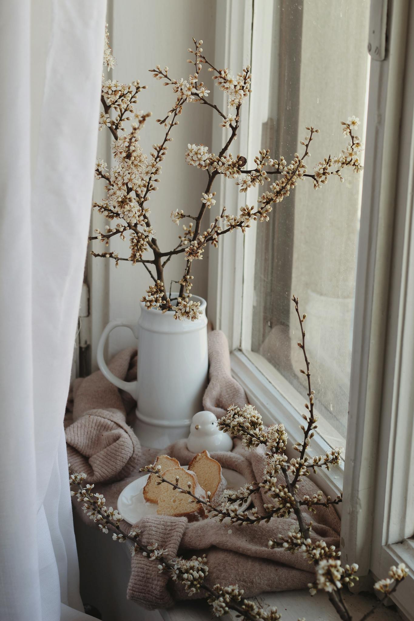 Slice of fresh bundt cake placed near decorative bird on sweater on windowsill near vase with blooming sprigs in light room