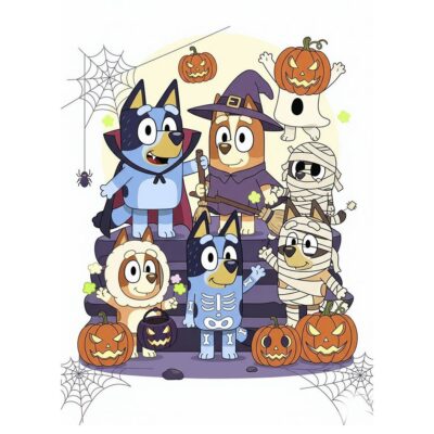 Bluey Halloween sukkeprint med familie - A4