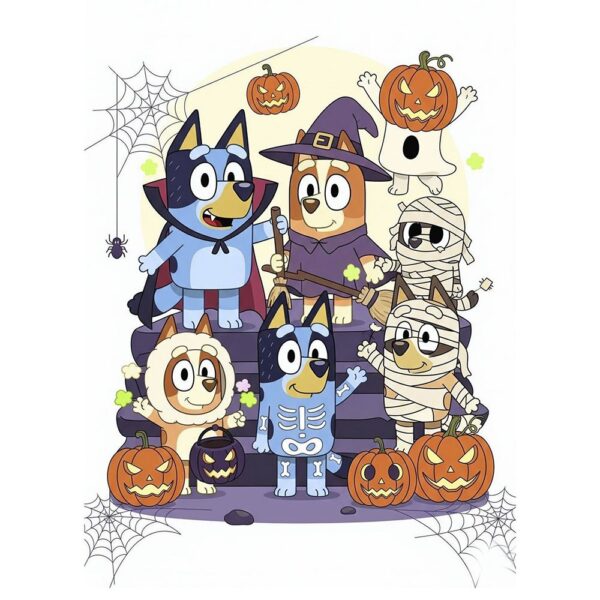 Bluey Halloween sukkeprint med familie - A4